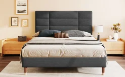 Lit 140x200 cm avec rangement sous-lit et tête de lit rembourrée en lin gris, cadre bois massif><noscript><img width=