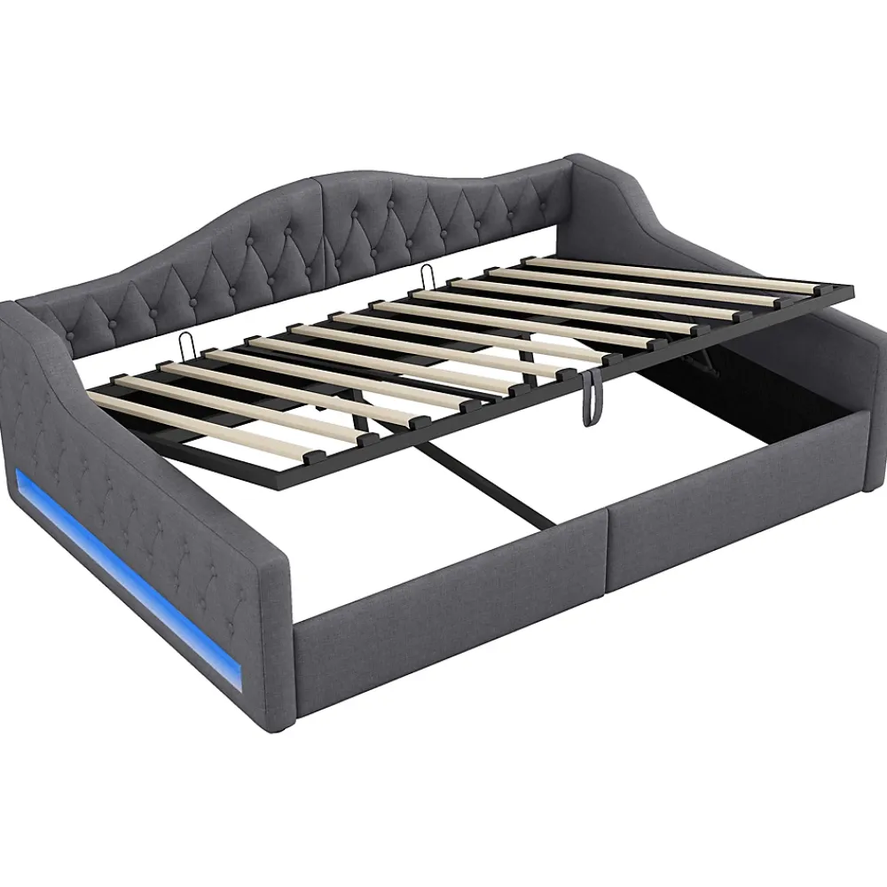 Redom Lit 140x200 cm avec rangement sous le cadre et éclairage LED, tapissé lin gris, cadre bois robuste* Lit Avec Rangement
