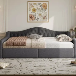 Redom Lit 140x200 cm avec rangement sous le cadre et éclairage LED, tapissé lin gris, cadre bois robuste* Lit Avec Rangement