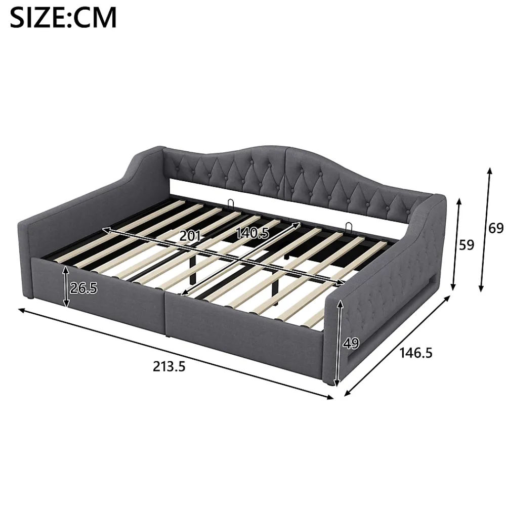 Redom Lit 140x200 cm avec rangement sous le cadre et éclairage LED, tapissé lin gris, cadre bois robuste* Lit Avec Rangement
