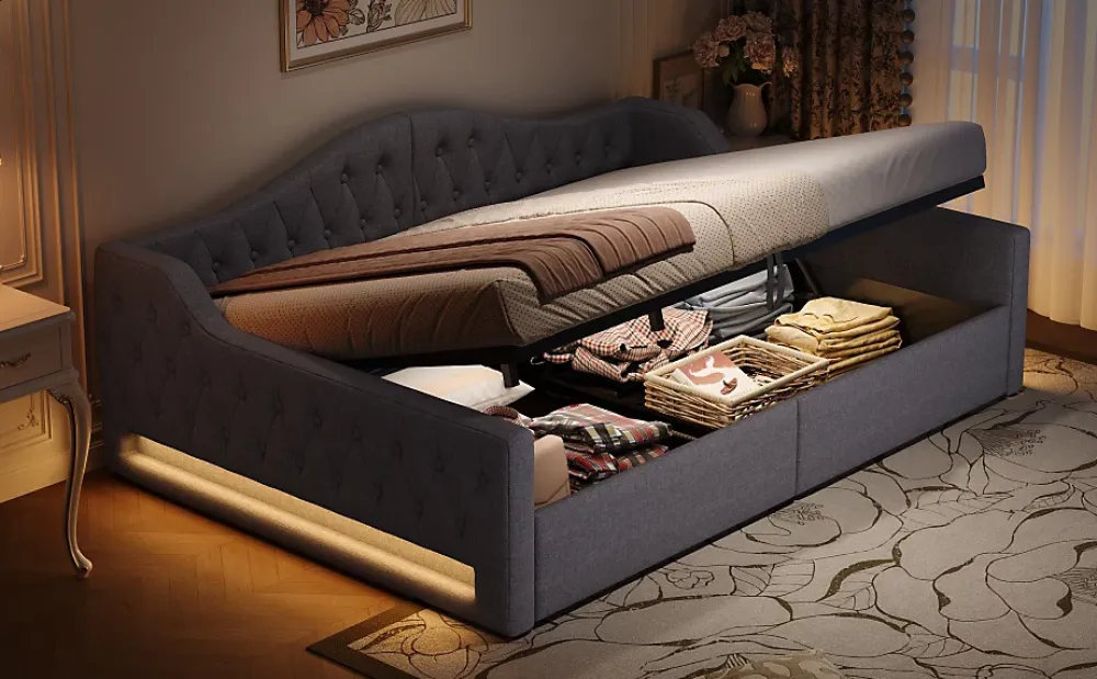 Redom Lit 140x200 cm avec rangement sous le cadre et éclairage LED, tapissé lin gris, cadre bois robuste* Lit Avec Rangement