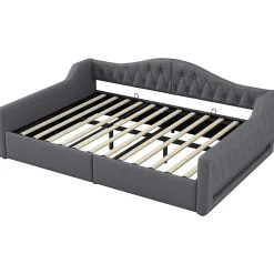 Redom Lit 140x200 cm avec rangement sous le cadre et éclairage LED, tapissé lin gris, cadre bois robuste* Lit Avec Rangement