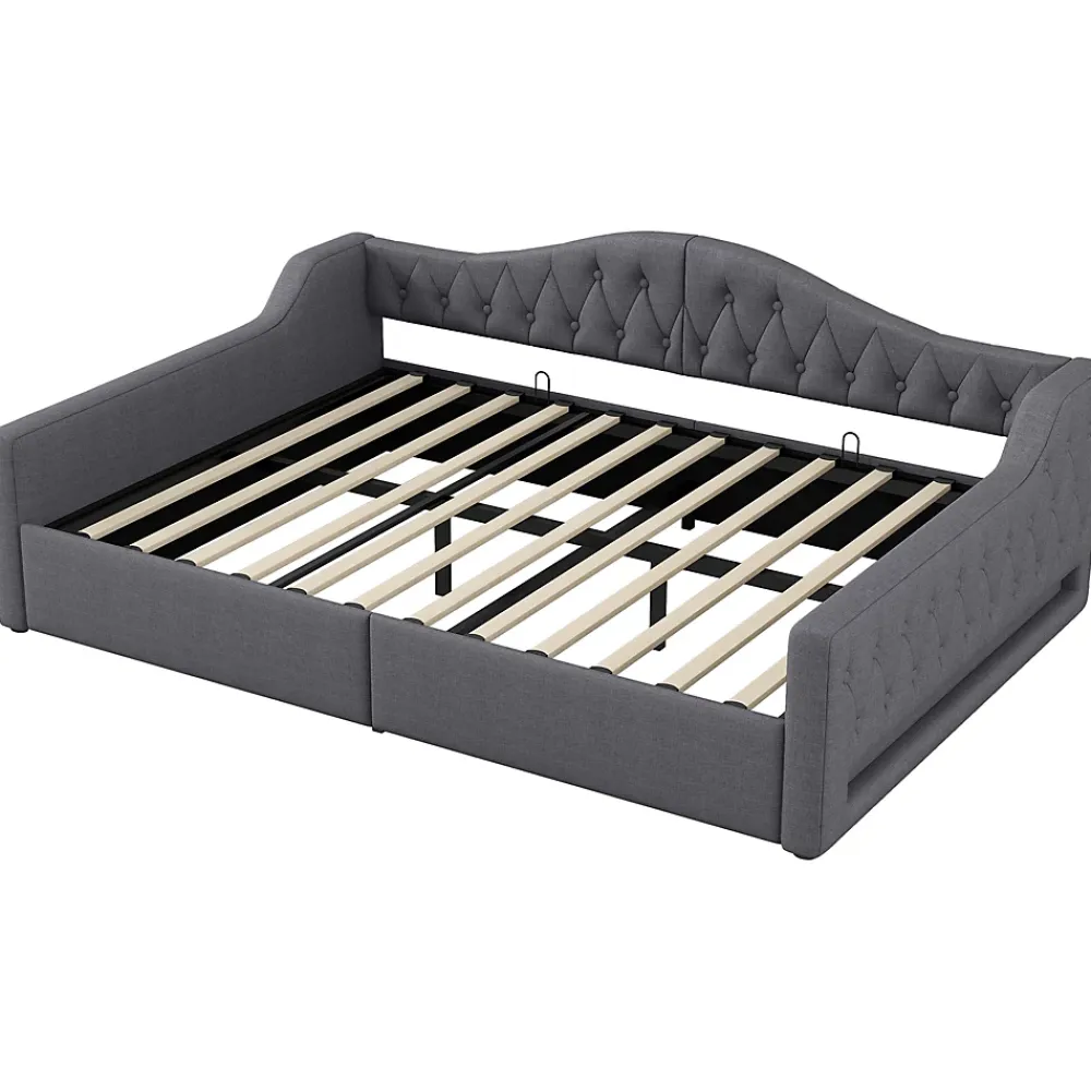 Redom Lit 140x200 cm avec rangement sous le cadre et éclairage LED, tapissé lin gris, cadre bois robuste* Lit Avec Rangement