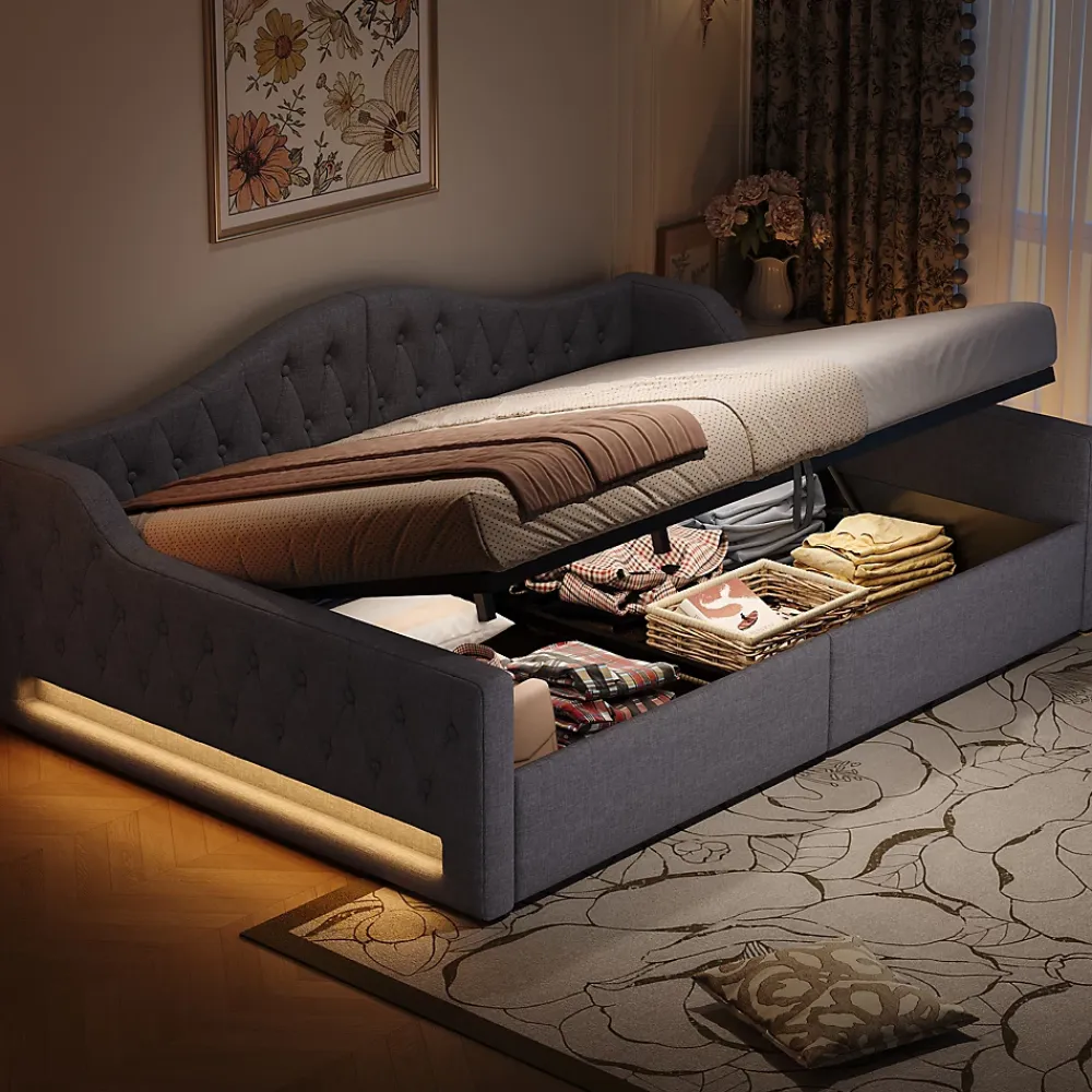 Redom Lit 140x200 cm avec rangement sous le cadre et éclairage LED, tapissé lin gris, cadre bois robuste* Lit Avec Rangement