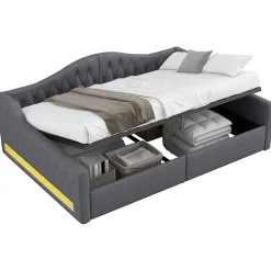 Redom Lit 140x200 cm avec rangement sous le cadre et éclairage LED, tapissé lin gris, cadre bois robuste* Lit Avec Rangement