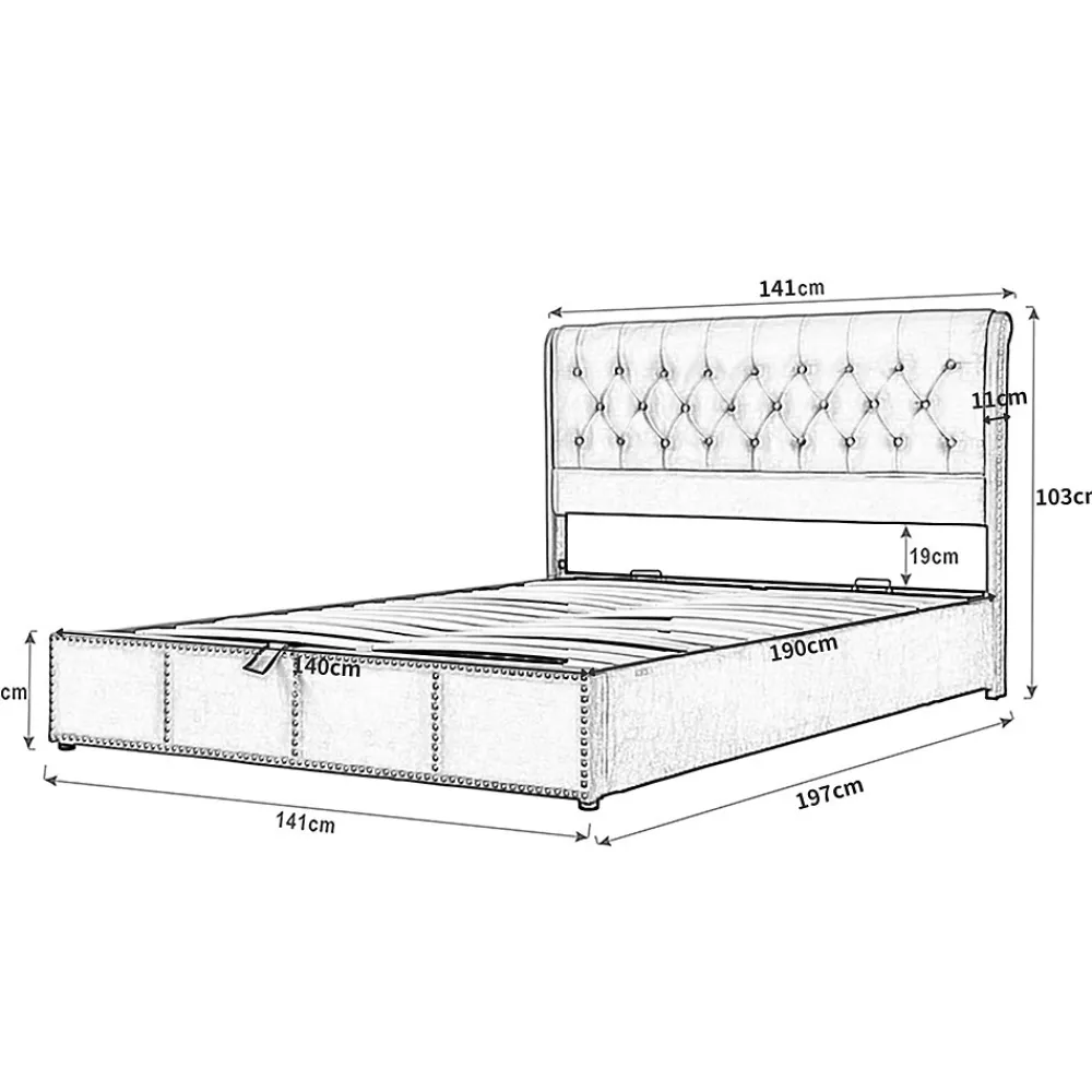 Redom Lit 140x190 cm avec rangement (sommier inclus) et tête de lit rembourrée en lin gris minimaliste européen* Lit Avec Rangement
