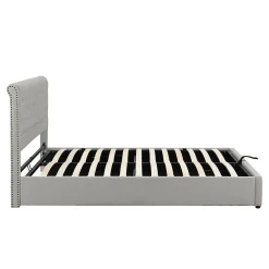 Redom Lit 140x190 cm avec rangement (sommier inclus) et tête de lit rembourrée en lin gris minimaliste européen* Lit Avec Rangement