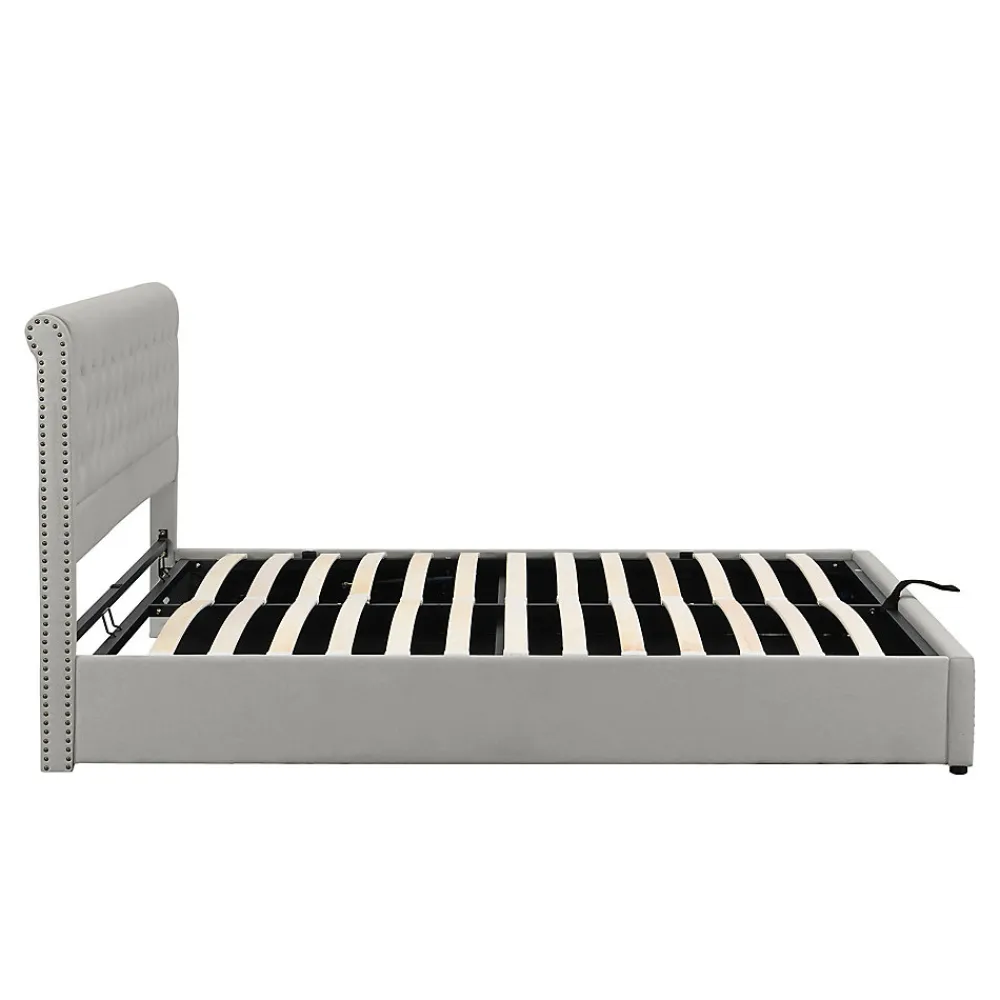 Redom Lit 140x190 cm avec rangement (sommier inclus) et tête de lit rembourrée en lin gris minimaliste européen* Lit Avec Rangement