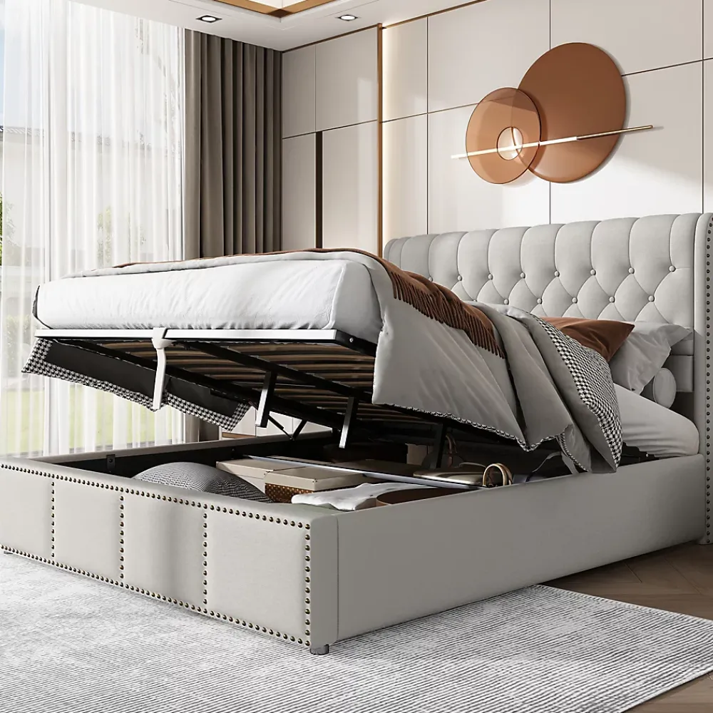 Redom Lit 140x190 cm avec rangement (sommier inclus) et tête de lit rembourrée en lin gris minimaliste européen* Lit Avec Rangement