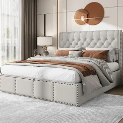 Redom Lit 140x190 cm avec rangement (sommier inclus) et tête de lit rembourrée en lin gris minimaliste européen* Lit Avec Rangement