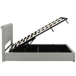 Redom Lit 140x190 cm avec rangement (sommier inclus) et tête de lit rembourrée en lin gris minimaliste européen* Lit Avec Rangement