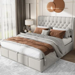 Redom Lit 140x190 cm avec rangement (sommier inclus) et tête de lit rembourrée en lin gris minimaliste européen* Lit Avec Rangement
