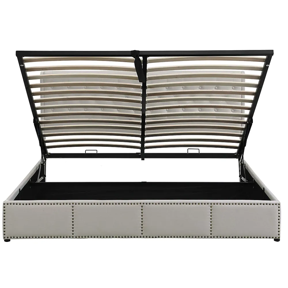 Redom Lit 140x190 cm avec rangement (sommier inclus) et tête de lit rembourrée en lin gris minimaliste européen* Lit Avec Rangement