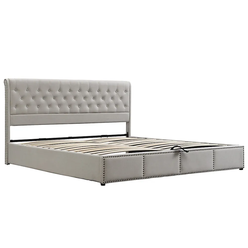 Redom Lit 140x190 cm avec rangement (sommier inclus) et tête de lit rembourrée en lin gris minimaliste européen* Lit Avec Rangement