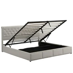 Redom Lit 140x190 cm avec rangement (sommier inclus) et tête de lit rembourrée en lin gris minimaliste européen* Lit Avec Rangement