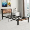 Redom Lit 90x200 cm avec rangement sous cadre et tête de lit en MDF, structure métal brun antique* Ensemble Sommier Et Matelas