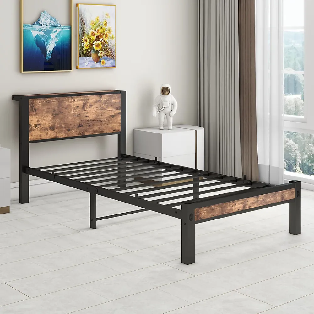 Redom Lit 90x200 cm avec rangement sous cadre et tête de lit en MDF, structure métal brun antique* Ensemble Sommier Et Matelas