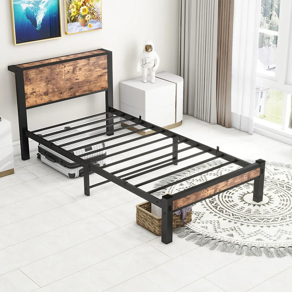 Redom Lit 90x200 cm avec rangement sous cadre et tête de lit en MDF, structure métal brun antique* Ensemble Sommier Et Matelas