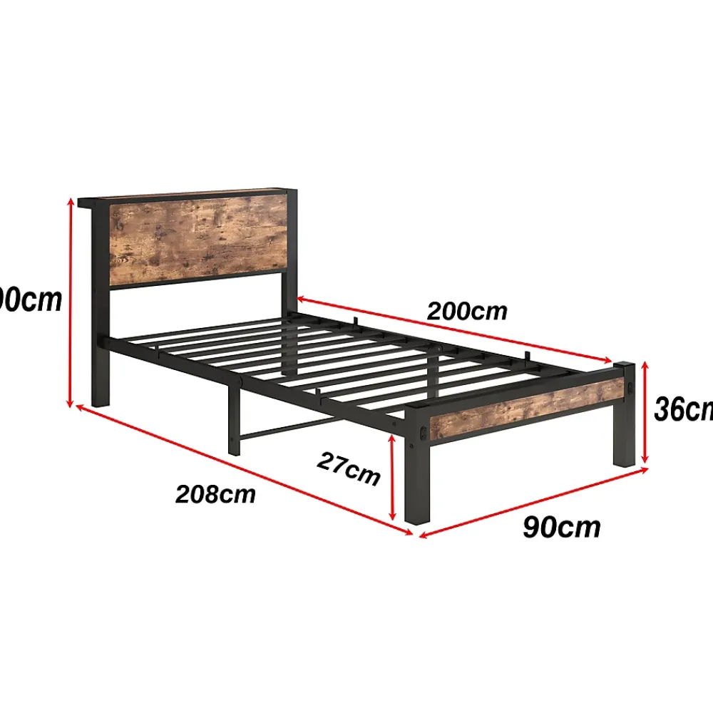 Redom Lit 90x200 cm avec rangement sous cadre et tête de lit en MDF, structure métal brun antique* Ensemble Sommier Et Matelas
