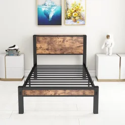 Redom Lit 90x200 cm avec rangement sous cadre et tête de lit en MDF, structure métal brun antique* Ensemble Sommier Et Matelas