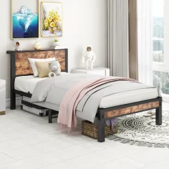 Redom Lit 90x200 cm avec rangement sous cadre et tête de lit en MDF, structure métal brun antique* Ensemble Sommier Et Matelas
