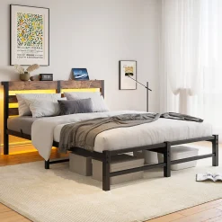 Lit 140x200 cm avec rangement sous le lit et éclairage LED RGB, cadre métal et surface boisée noir brun>Redom Discount