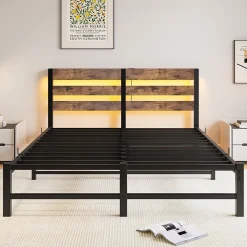 Lit 140x200 cm avec rangement sous le lit et éclairage LED RGB, cadre métal et surface boisée noir brun><noscript><img width=