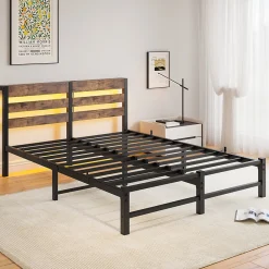 Lit 140x200 cm avec rangement sous le lit et éclairage LED RGB, cadre métal et surface boisée noir brun><noscript><img width=