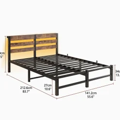 Lit 140x200 cm avec rangement sous le lit et éclairage LED RGB, cadre métal et surface boisée noir brun><noscript><img width=