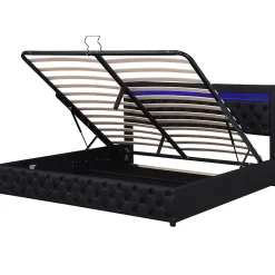 Lit 160x200 cm avec rangement, tête de lit rembourrée et éclairage LED, tapissé PU noir, sommier inclus><noscript><img width=