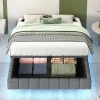 Lit 140x200 cm avec rangement, tapissé lin gris, éclairage LED multicolore intégré, sans tête de lit>Redom Discount