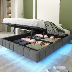 Lit 140x200 cm avec rangement, tapissé lin gris, éclairage LED multicolore intégré, sans tête de lit><noscript><img width=