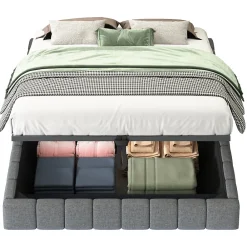 Lit 140x200 cm avec rangement, tapissé lin gris, éclairage LED multicolore intégré, sans tête de lit><noscript><img width=