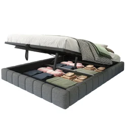 Lit 140x200 cm avec rangement, tapissé lin gris, éclairage LED multicolore intégré, sans tête de lit><noscript><img width=