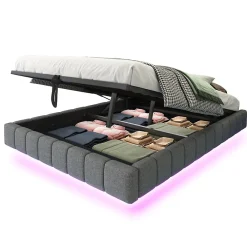 Lit 140x200 cm avec rangement, tapissé lin gris, éclairage LED multicolore intégré, sans tête de lit><noscript><img width=
