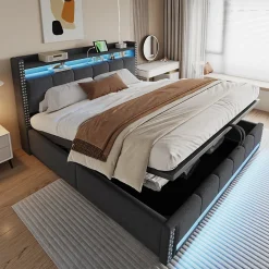 Lit 180x200 cm avec rangement, tête de lit éclairée led et revêtement en lin gris, système hydraulique>Redom Sale