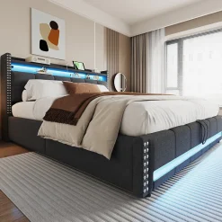 Lit 180x200 cm avec rangement, tête de lit éclairée led et revêtement en lin gris, système hydraulique>Redom Sale