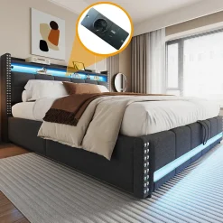 Lit 180x200 cm avec rangement, tête de lit éclairée led et revêtement en lin gris, système hydraulique><noscript><img width=