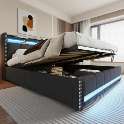 Lit 180x200 cm avec rangement, tête de lit éclairée led et revêtement en lin gris, système hydraulique><noscript><img width=