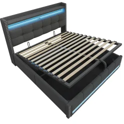Lit 180x200 cm avec rangement, tête de lit éclairée led et revêtement en lin gris, système hydraulique><noscript><img width=