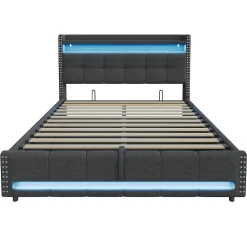 Lit 180x200 cm avec rangement, tête de lit éclairée led et revêtement en lin gris, système hydraulique><noscript><img width=