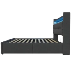 Lit 180x200 cm avec rangement, tête de lit éclairée led et revêtement en lin gris, système hydraulique><noscript><img width=
