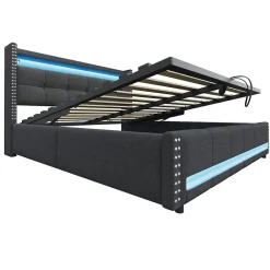Lit 180x200 cm avec rangement, tête de lit éclairée led et revêtement en lin gris, système hydraulique><noscript><img width=