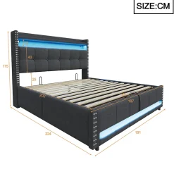 Lit 180x200 cm avec rangement, tête de lit éclairée led et revêtement en lin gris, système hydraulique><noscript><img width=