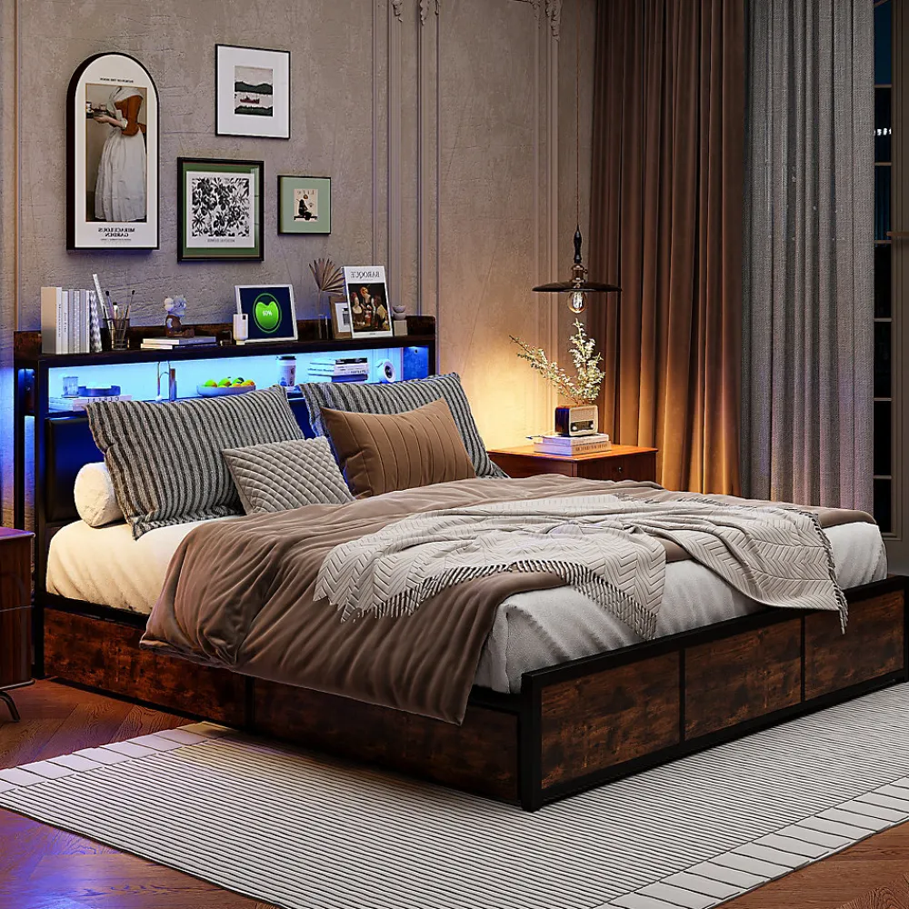 Lit 180x200 cm avec sommier à lattes, LED, 4 tiroirs, Adolescents, sans matelas>Simple Life Best