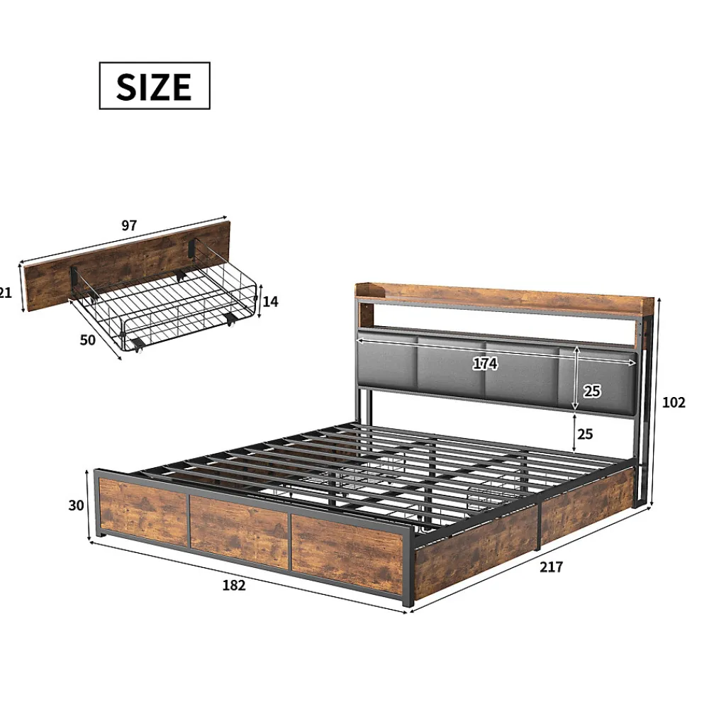 Lit 180x200 cm avec sommier à lattes, LED, 4 tiroirs, Adolescents, sans matelas>Simple Life Best