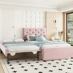 Lit 90x200 cm avec sommier à lattes et tiroir roulant, tête de lit capitonnée à boutons, tapissé velours rose>Redom Sale