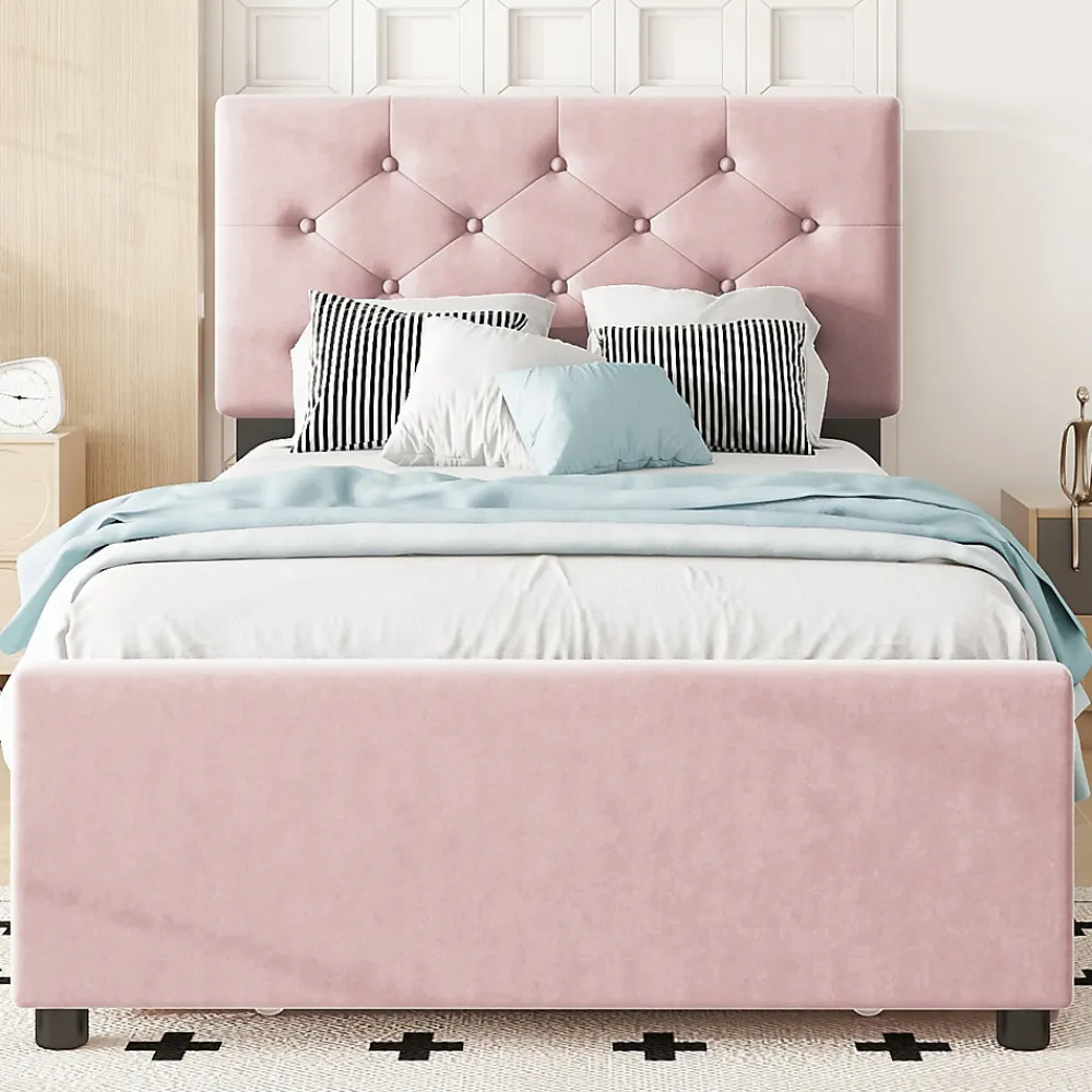 Lit 90x200 cm avec sommier à lattes et tiroir roulant, tête de lit capitonnée à boutons, tapissé velours rose>Redom Sale