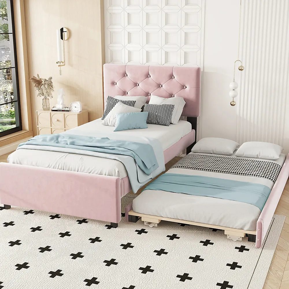 Lit 90x200 cm avec sommier à lattes et tiroir roulant, tête de lit capitonnée à boutons, tapissé velours rose>Redom Sale