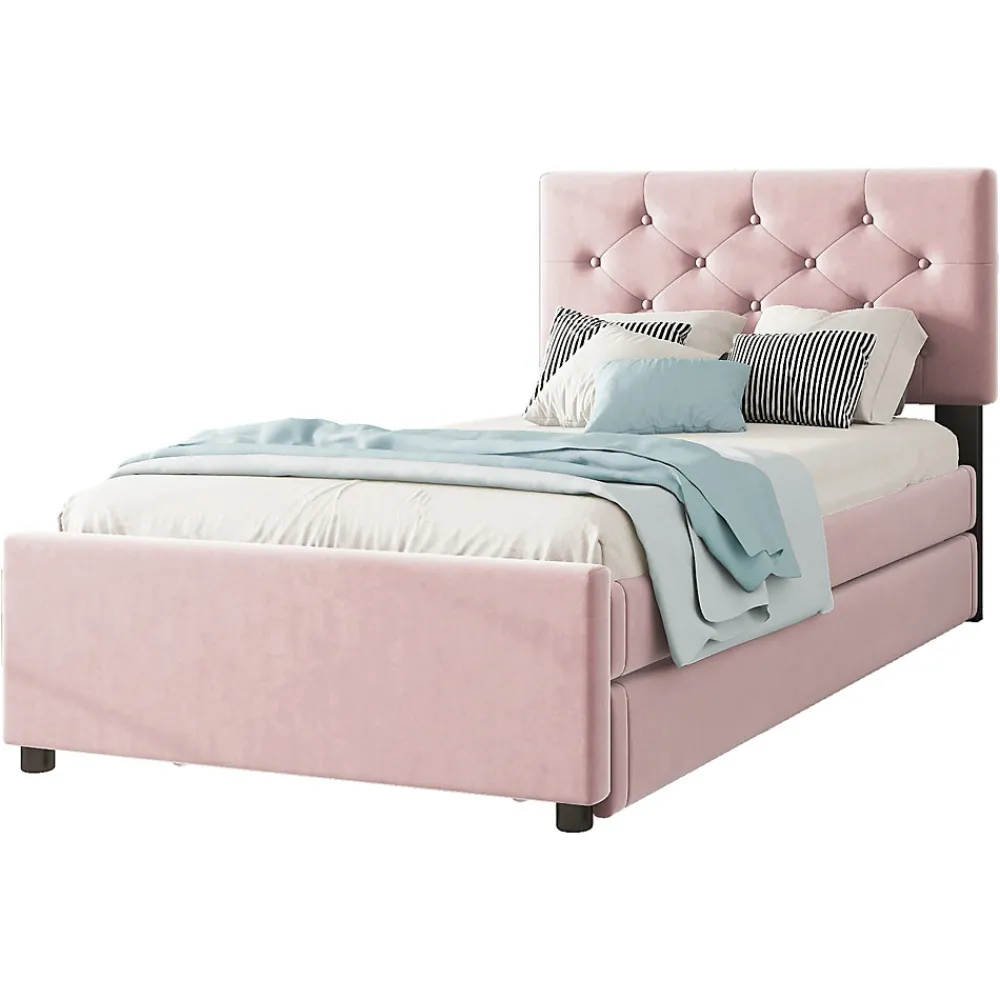 Lit 90x200 cm avec sommier à lattes et tiroir roulant, tête de lit capitonnée à boutons, tapissé velours rose>Redom Sale